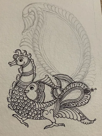 The first phase of a Kalamkari artwork: the initial ink drawing. This stage is crucial for establishing the composition and intricate details before any color is applied.