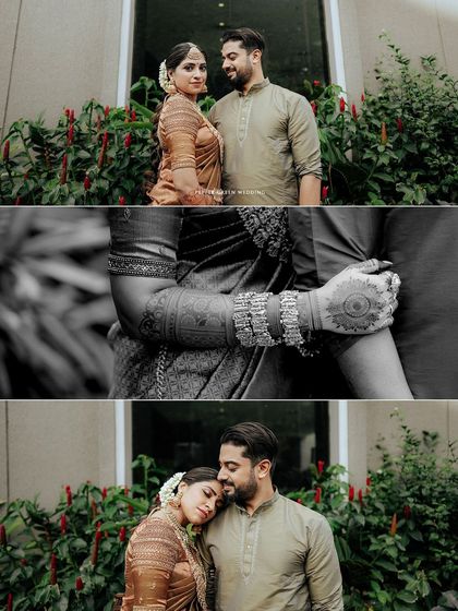 A collage of Sradha and Vinay's wedding portraits. The mix of color and black-and-white shots highlights their emotional connection and the fine details of their attire.