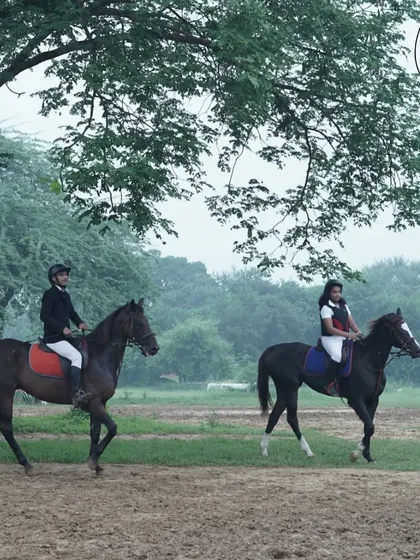 Two riders enjoy a peaceful ride through a tree-lined path at our facility, a perfect example of a relaxing trail ride.