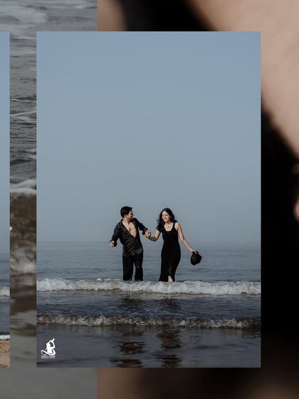 A fun, candid moment from a beach pre-wedding shoot, capturing the couple's laughter and joy.