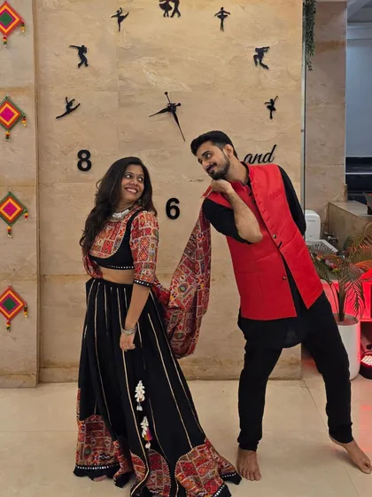 Sharing a smile and a pose during our Navratri celebrations. The festive season is always brighter when we're dancing.