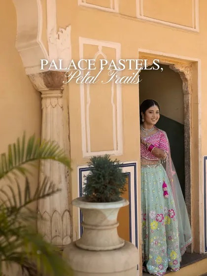 A beautiful portrait of the bride, with the event's theme "Palace Pastels, Petal Trails" elegantly overlaid. This showcases our ability to create a cohesive brand for your wedding.