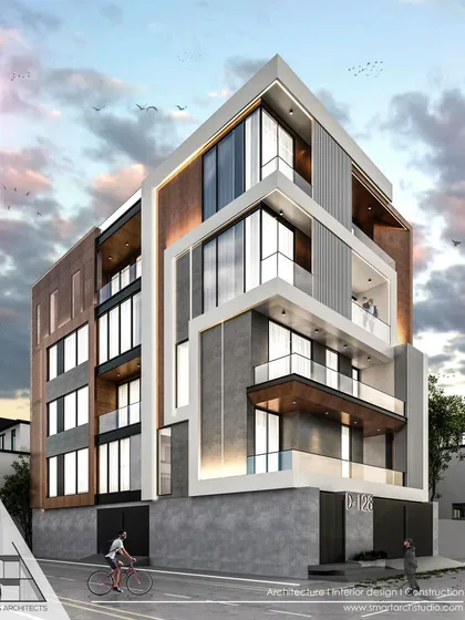 A corner view of our upcoming project in Ashok Vihar. The design wraps the corner with interlocking white frames, contrasting with wood and grey textured surfaces to create a bold, geometric statement.