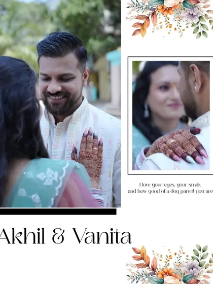 A collage celebrating Akhil and Vanita's engagement. The images focus on their happy smiles and the beautiful henna on the bride's hands, symbolizing the start of their journey.