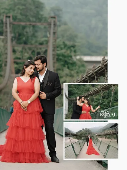 A collage of a couple in elegant red and black attire, capturing various romantic and formal poses on the iconic bridge.
