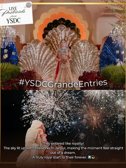 This graphic showcases a royal entry concept where the bride is revealed on a seashell-inspired throne. The moment culminates in a spectacular fireworks display as the couple unites for their varmala.