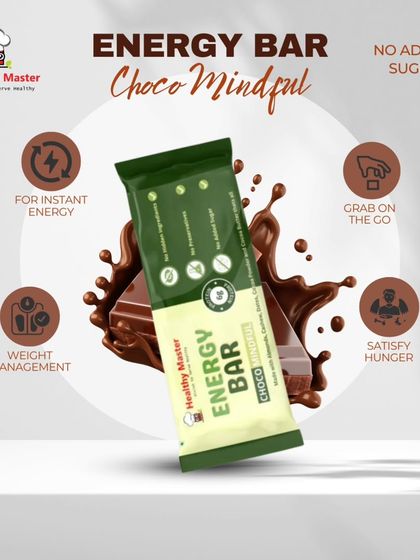 Our Choco Mindful Energy Bar gives you clean, guilt-free energy. Made with almonds, cashews, and dates with no added sugar, it's the perfect grab-and-go snack for a busy day.