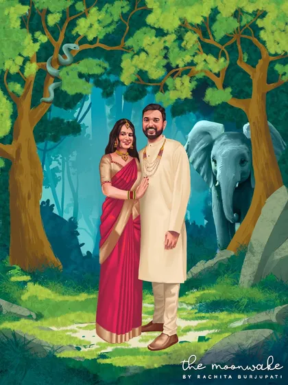 For this couple's portrait, we created a whimsical jungle theme to tell their love story. This digital illustration was part of a complete wedding invite suite, showing how we can build a whole world for your special day.