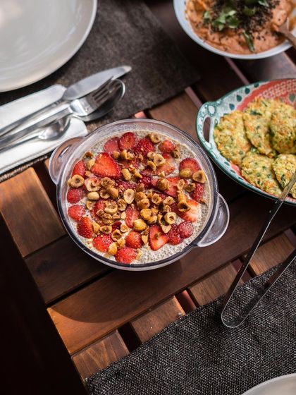 A delicious and healthy dessert from our retreat. This is a chia seed pudding topped with fresh strawberries and toasted hazelnuts. I teach you how to satisfy your sweet tooth using whole foods, proving that desserts can be both indulgent and guilt-free.