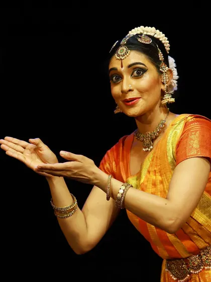 A moment of offering from my production *SARVASYA*. For me, choreography is about creating a connection between the idea, the dancer, and the audience. This pose captures that feeling of complete surrender to the story and the music.
