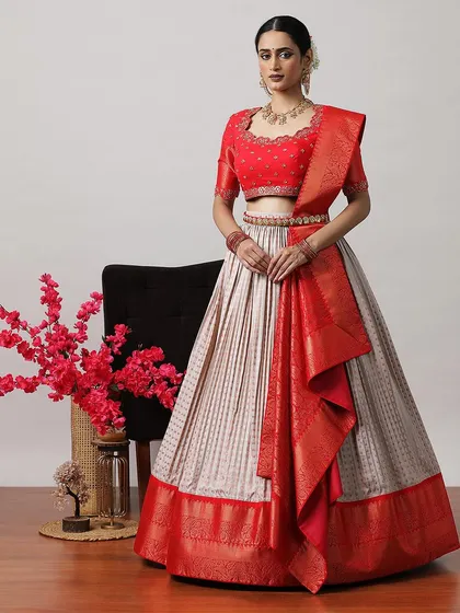 The same lehenga styled with a draped dupatta, showcasing its versatility for different functions.