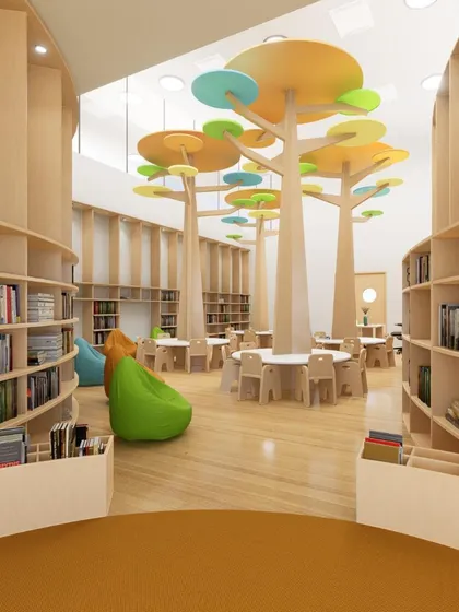 In the library at Euro School, Airoli, a colorful overhead canopy shaped like trees becomes a whimsical focal point. This design element brings visual warmth and invites children to gather, read, and learn beneath it.