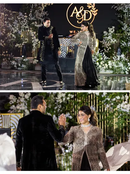 The first dance as a married couple. Their coordinated black and gold outfits shimmered under the lights, creating a moment of pure Hollywood glamour.