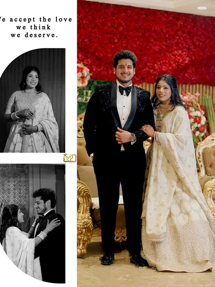 This is the same couple, Ramya and Vishal, in a stylishly designed album layout from their Roka. The mix of a full-length portrait with smaller, candid black and white shots creates a modern and dynamic feel.