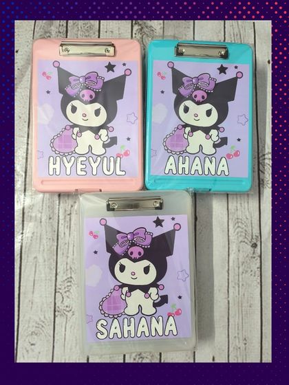 For fans of cute but edgy characters, I created these Kuromi-themed clipboards, each personalized with a different name.