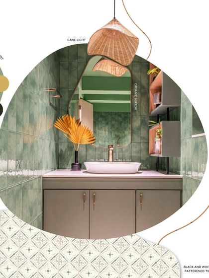 A mood board for a bathroom in one of our traditional homes. We curated a palette of moss green, cane lighting, and patterned tiles to envision a space that feels organic, textural, and connected to nature.