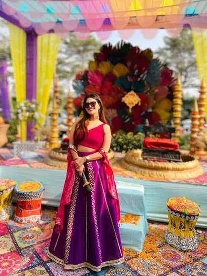 Another shot of my Haldi outfit against the stunning backdrop. I always dress to match the energy of the event.