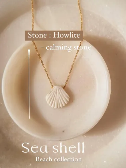 The howlite sea shell pendant, a calming stone that's perfect for my beach collection.