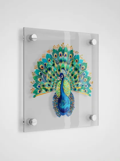 Here is the same peacock design on a transparent acrylic panel, shown against a clean white wall. This highlights the floating effect of the frameless mounting and the intricate details of the artwork itself.
