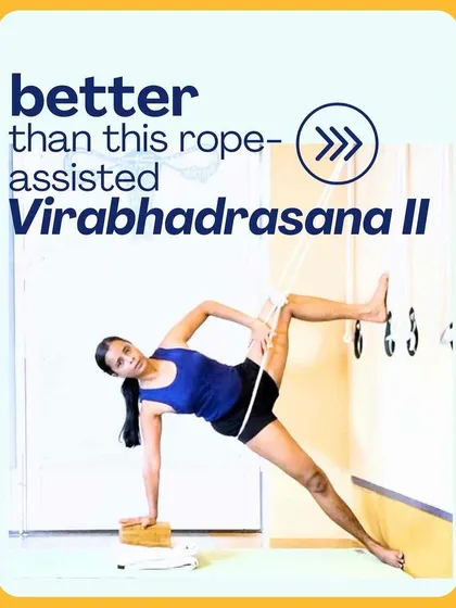 This rope-assisted Virabhadrasana II variation is a powerful hip opener and a great way to understand the alignment of the full pose. The ropes provide traction and support, allowing for a deeper and more informed practice.