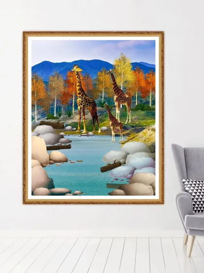 A mockup of the giraffe painting as a large, statement wall art piece.