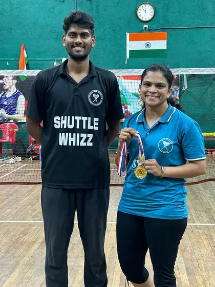Coach with our champion Bhagyalaxmi Kulkarni, celebrating her gold medal win in Women's Doubles at the state selection tournament.