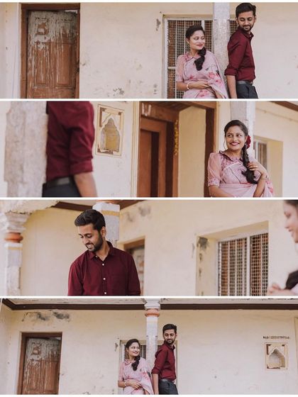 A duplicate of ID 18, this collage captures the playful and romantic interactions of a couple in a rustic, vintage setting.