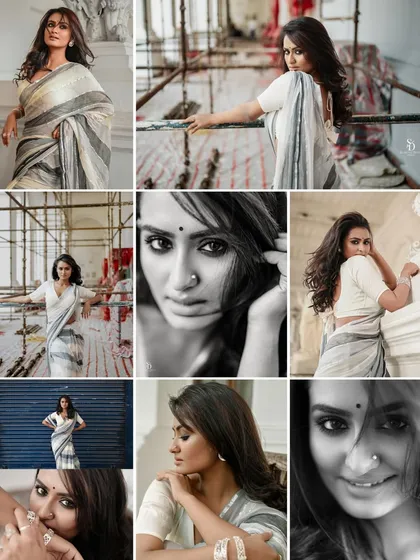 A collage of portraits for an AVA India campaign. The mix of color and black and white shots showcases the model's expressive range and the timeless appeal of the saree.