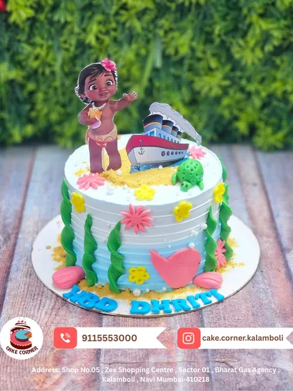 A sweet Moana-themed cake for Dhriti. The design features baby Moana, a boat, and ocean elements, perfect for a tropical birthday adventure.