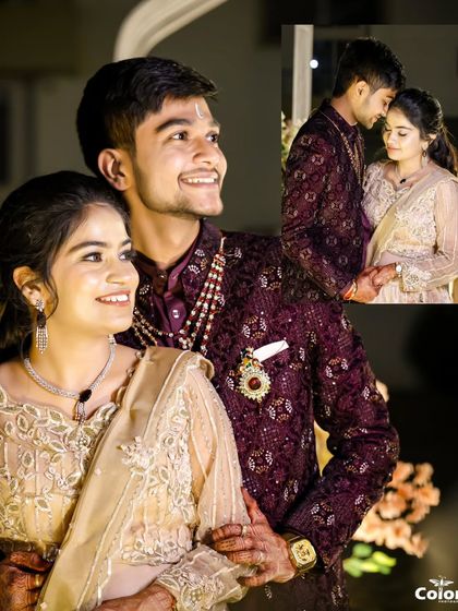 A creative collage capturing the couple in rich, formal attire, perfect for a wedding ceremony or reception.