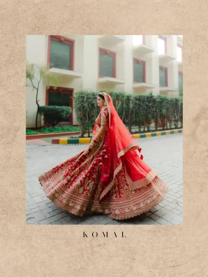 A creative portrait of the bride, her twirling lehenga and joyful expression captured in a beautifully designed frame.