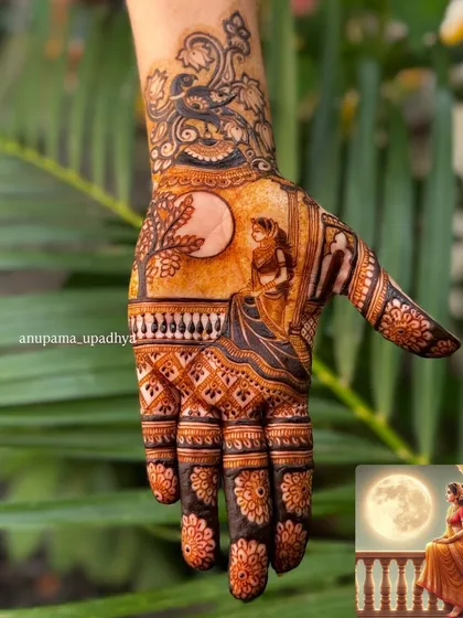 Bringing a beautiful photograph to life with henna. This design recreates a serene moment of the bride-to-be, capturing her grace and elegance on her palm.