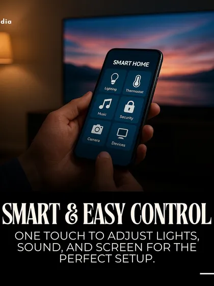 We believe luxury should also be effortless. Our smart control systems integrate your entire theater, allowing you to adjust lighting, sound, and the screen with a single touch. This visual demonstrates the simplicity of managing your perfect movie environment from your phone.