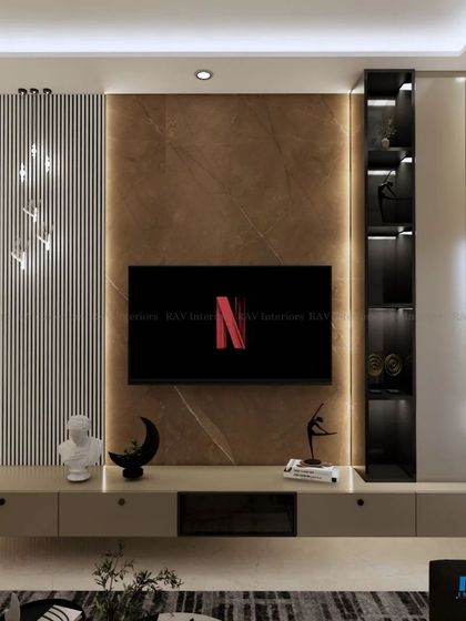 A close-up of a modern TV unit with a brown marble back panel, fluted paneling, and a sleek, floating console. The design is both elegant and functional.