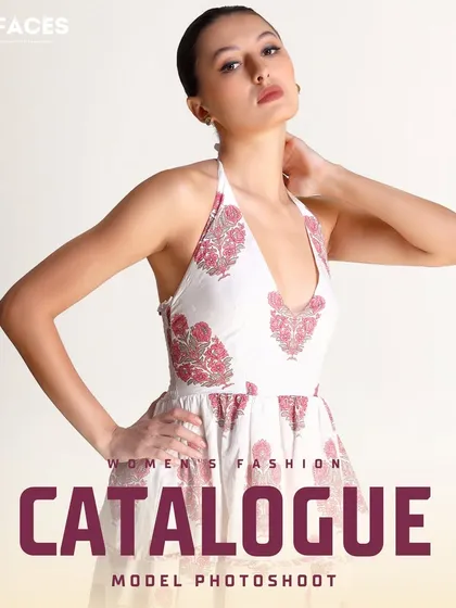 A full-body shot of a model in a white printed halter dress. The strong, confident pose makes this a great hero image for a product page or social media post.