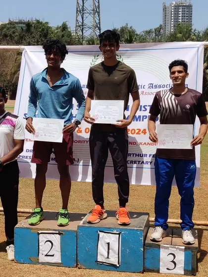 The podium for the 200m run at the Mumbai Suburban Senior District Athletics Meet, with my athletes Yash Joshi and Kaushik Kamat taking Gold and Silver.