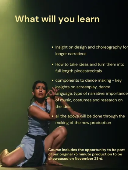 A detailed graphic explaining what you will learn in the "Embodied Storytelling" course, including choreography for longer narratives and components of dance making.