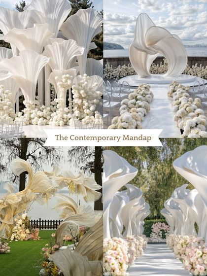 **Mandap Style: The Contemporary Mandap.** For the modern couple, we design mandaps that are more like art installations, using sculptural forms and unique materials for a statement look.