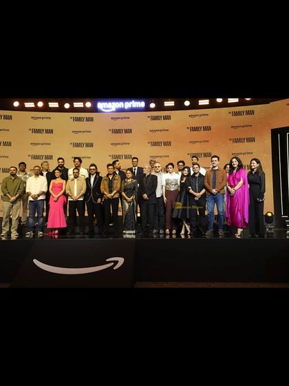 The entire cast and crew of 'The Family Man' Season 3 on stage for a group photo. Our stage management ensured a smooth and organized flow for all participants, including high-profile artists.