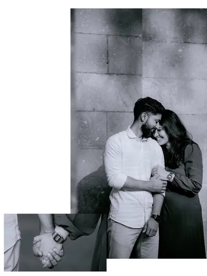 A collage showing the intimate moments of a pre-wedding shoot, from holding hands to a quiet embrace, all captured in a timeless black and white style.