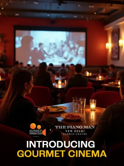 Introducing our gourmet cinema concept at The Piano Man in New Delhi. This image shows a classic film being screened in a warm, inviting setting, perfectly illustrating our blend of nostalgia and novel dining.