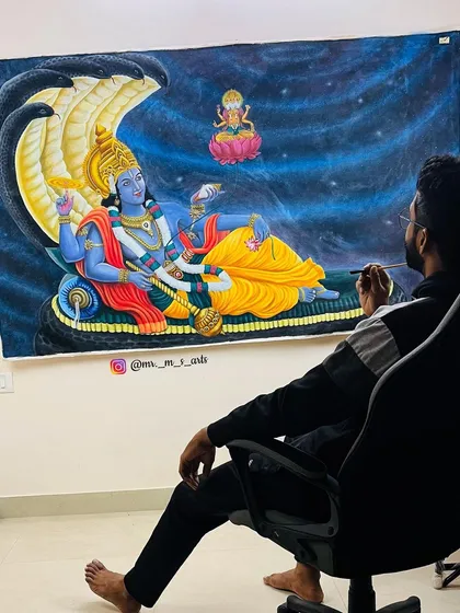 This large 6.5 by 4 feet acrylic canvas of Anantha Padmanabha was a special commission. It shows my ability to handle large-scale, detailed mythological paintings that can become the spiritual centerpiece of a home.