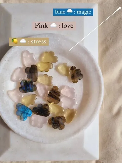 A final look at my candy cloud charms, featuring labradorite for magic, rose quartz for love, and lemon quartz for stress.