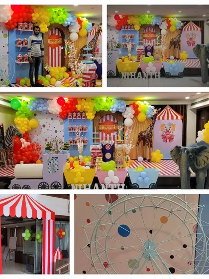 This collage shows the key elements of a vibrant Carnival-themed party. It includes a striped entrance tent, a colorful stage with a circus train, animal props, and a decorative Ferris wheel.