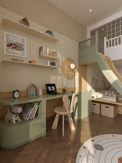 This kids' room concept features a bed with a slide for a fun way to wake up. A pegboard wall and open shelving provide flexible storage and display space for toys and books, while the sage green desk adds a pop of color.