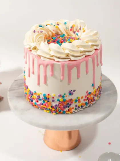 Sometimes, simple is best. This funfetti cake with a pink drip and fluffy buttercream is a classic choice for any happy celebration.
