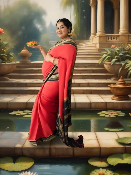 A serene and painterly traditional maternity portrait of a woman in a red saree by a lotus pond. This style transforms your maternity photos into timeless works of art.