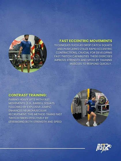 This graphic details two more advanced techniques: fast eccentric movements like drop catches and contrast training, which pairs heavy lifts with explosive jumps to enhance neuromuscular recruitment.