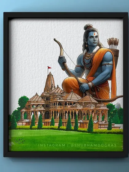 A framed digital artwork of Lord Ram at the Ram Mandir in Ayodhya. This piece combines architectural drawing with divine portraiture, celebrating a historic moment.