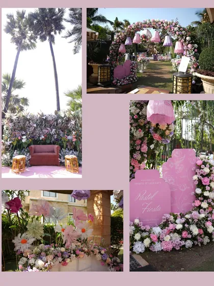 More details from the pastel carnival decor. This collage highlights the floral arrangements, the welcome signage, and the custom-designed seating areas that contributed to the event's dreamy atmosphere.
